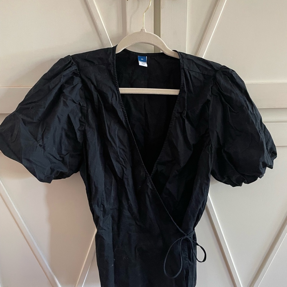 Black Puff Sleeve Wrap Blouse